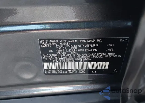 2020 Toyota Rav4 Xle из США, поврежденный, VIN 2T3W1RFV9LC060780